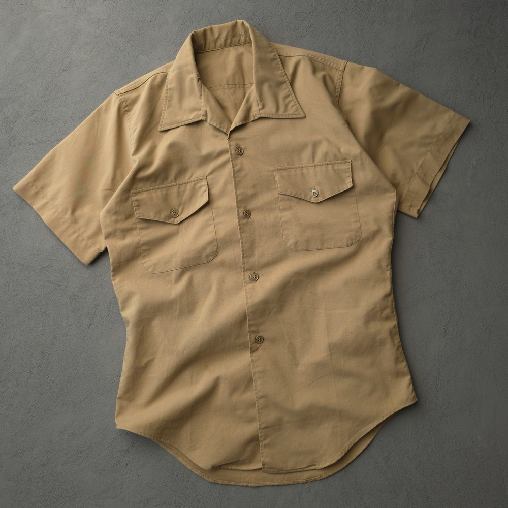 Vintage 1960s USMC Khaki Twill Short Sleeve Shirt Size M Tan Military USA Made